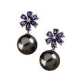 Round Tahitian Pearl Dangle Earrings with Tanzanite Florets and Diamonds