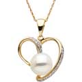 Gold Heart with freshwater Cultured Pearl Pendant with Diamonds