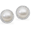 18K Palladium White Gold Button Style South Sea Cultured Pearl and Diamond Earrings