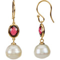 14K Yellow Gold Earrings with Freshwater Cultured Pearls and Rodolite Garnets