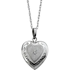 14K White Gold Heart Locket wth Diamond Accent