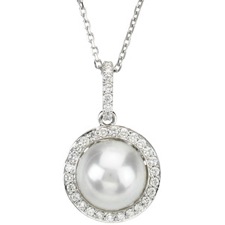 14K White Gold  Freshwater Cultured Pearl and Diamond Pendant