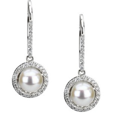 14K White Gold  Freshwater Cultured Pearl and Diamond Earrings